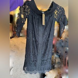 NWT Francesca's Black off-shoulder lace mini shift dress